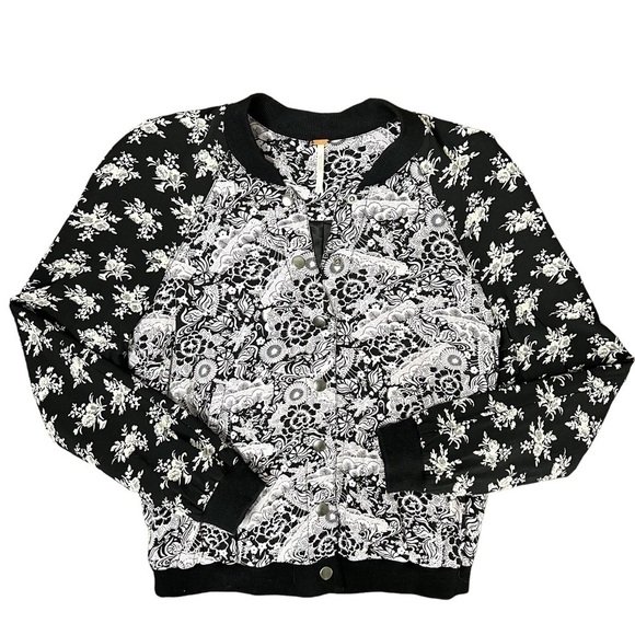 Free People Black and Purple Floral Snap Button Long Sleeve Bomber Jacket Small - Picture 4 of 16